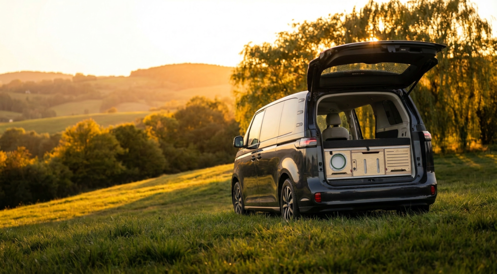 Dunkler VW ID. Buzz Camper mit offener Heckklappe und eingebauter CampBoks auf einer Wiese im Abendlicht – Ausbau von biwak lab Basel
