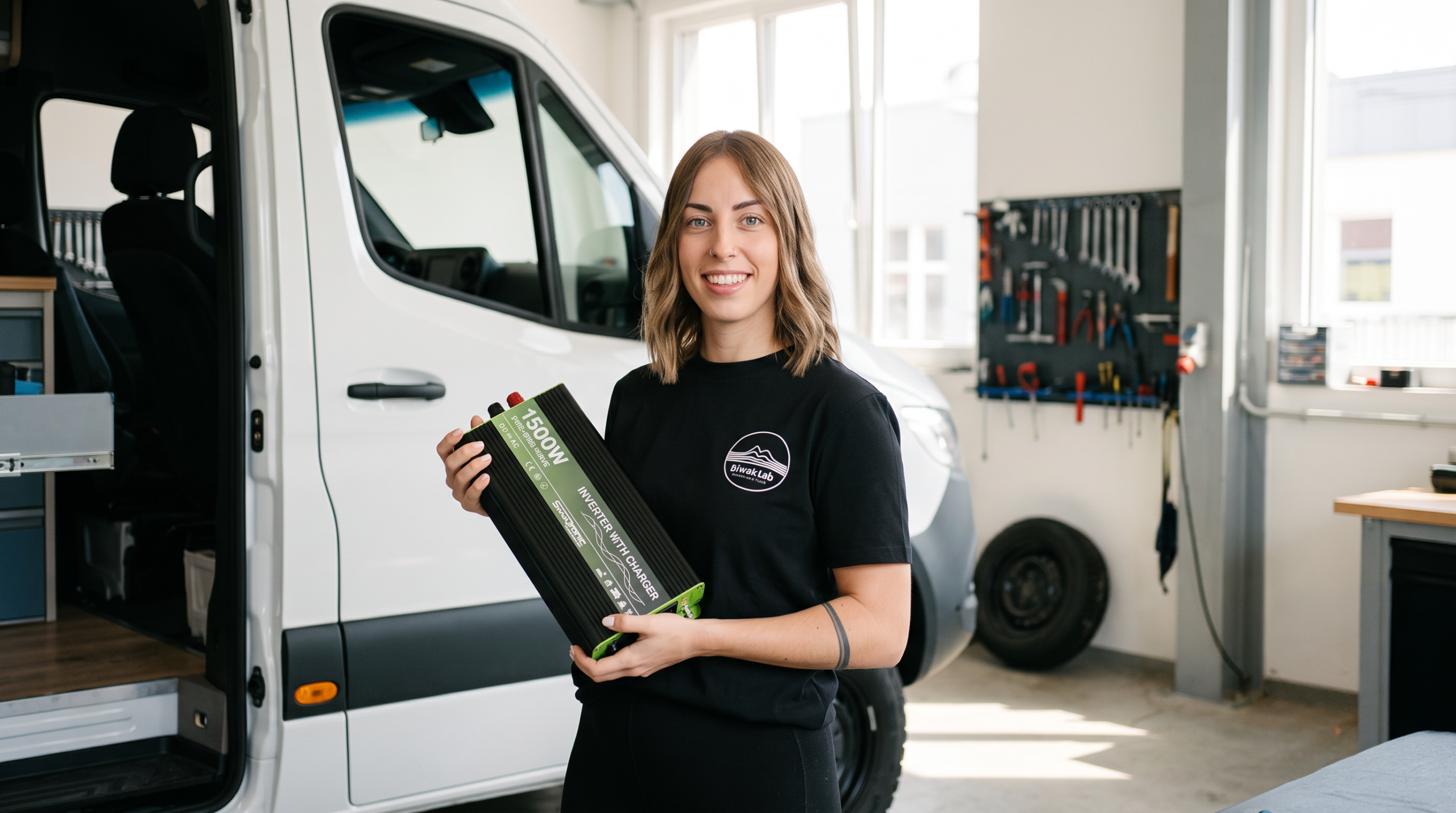 Sauber verkabelter Wechselrichter für Wohnmobil in einem individuellen Camper-Ausbau.